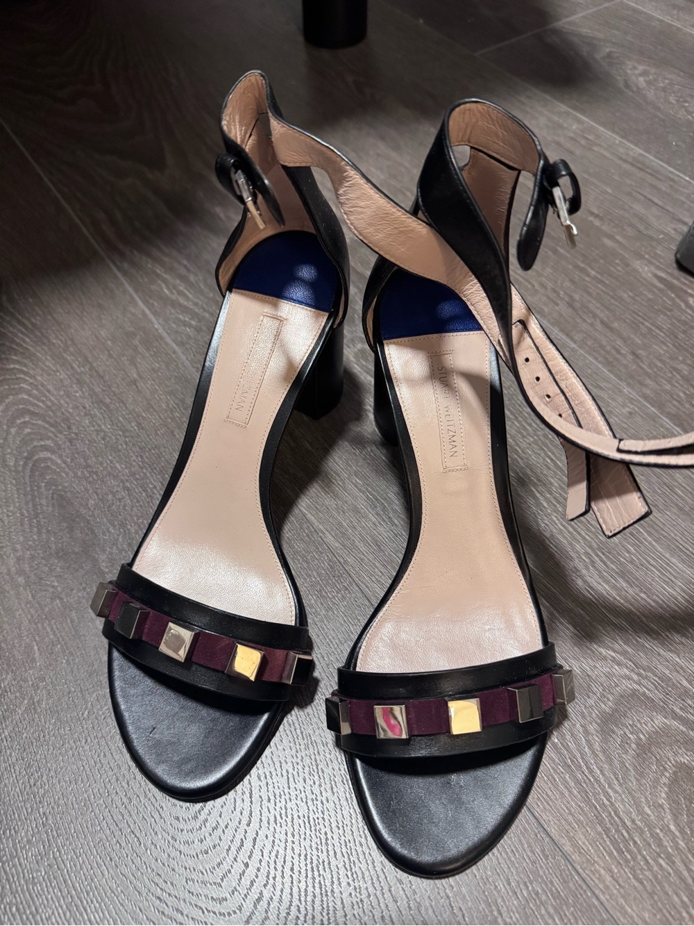 Black Stuart Weitzman Ankle-Strap Heeled Sandals with Stud Accent